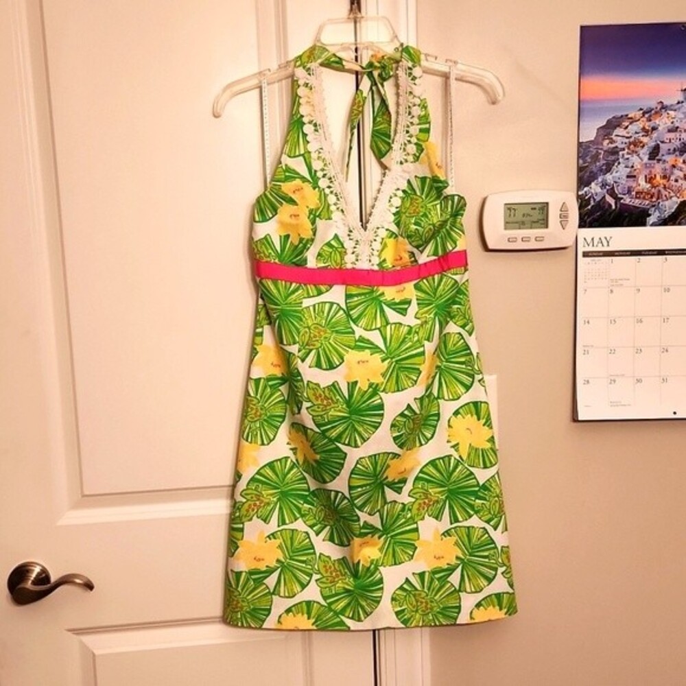 Lilly Pulitzer "Cocoa Lilly Pad Hip Hop Hooray" Halter Dress Green Yellow Size 2